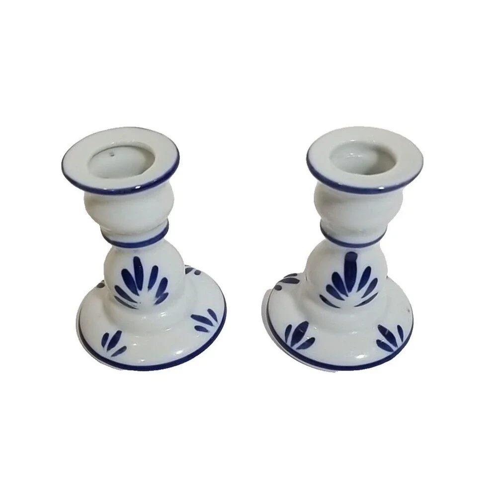Vintage Blue White Ceramic Candlestick Holders Japan Delft Style Windmill Pair